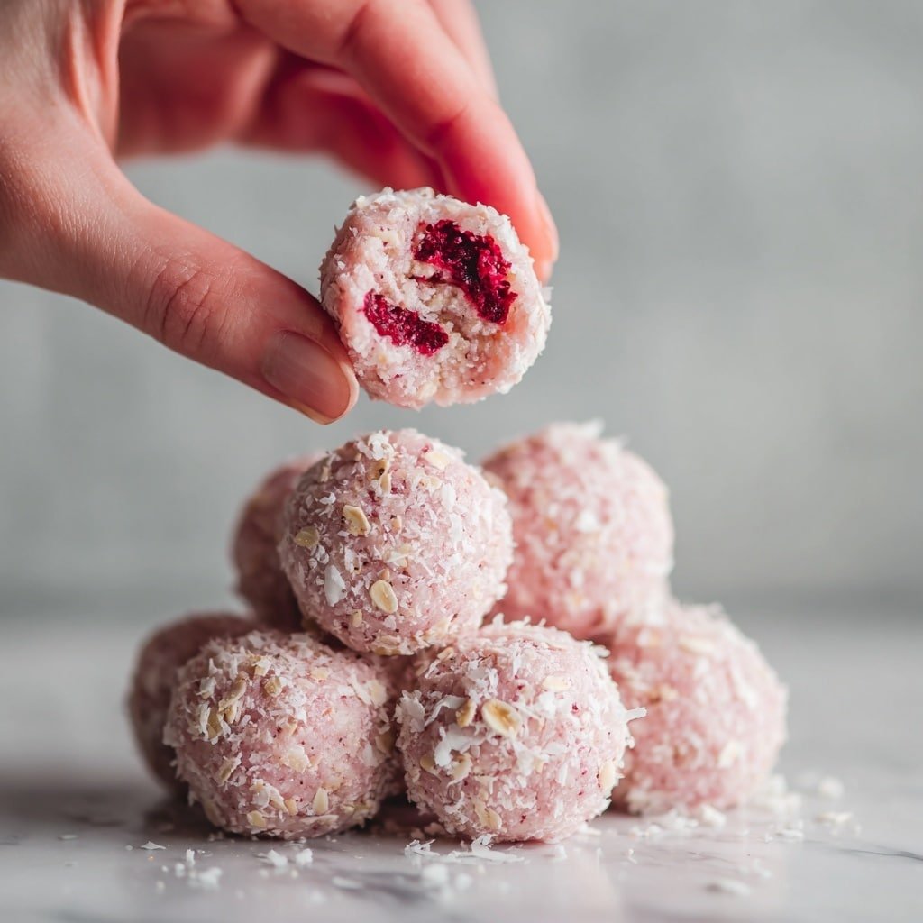 The image shows a close-up of round pink balls with a rough texture, covered with scattered light brown rolled oats on the outside. The balls have a crumbly look with small bits of red fruit mixed inside, and one ball at the center has a visible red filling or fruit piece in a small hollow on top. The background is filled with similar balls, all resting on a white marbled surface that adds brightness to the scene. photo taken with an iphone --ar 1:1 --v 7 — Strawberry Cheesecake Protein Balls, healthy protein bites, no-bake snack idea, quick nutritious treats, easy protein snack recipes
