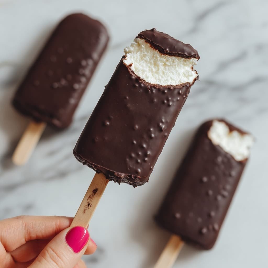 The image shows a white bowl filled with melted dark chocolate, placed on the left side over brown parchment paper on a tray. To the right, there are two round cookie pops with light beige, slightly rough textured tops, each garnished with peanuts and having wooden sticks at the bottom. Below these, two similar shaped cookie pops are fully coated with a smooth layer of dark chocolate, covering the beige cookie layers underneath, with a little melted chocolate dripping on the parchment. The whole scene is set on a white marbled textured surface. Photo taken with an iphone --ar 1:1 --v 7 — No-Bake Peanut Butter Buster Bars, easy peanut butter dessert, no-bake chocolate peanut butter bars, quick no-bake dessert, no-heat peanut butter treats