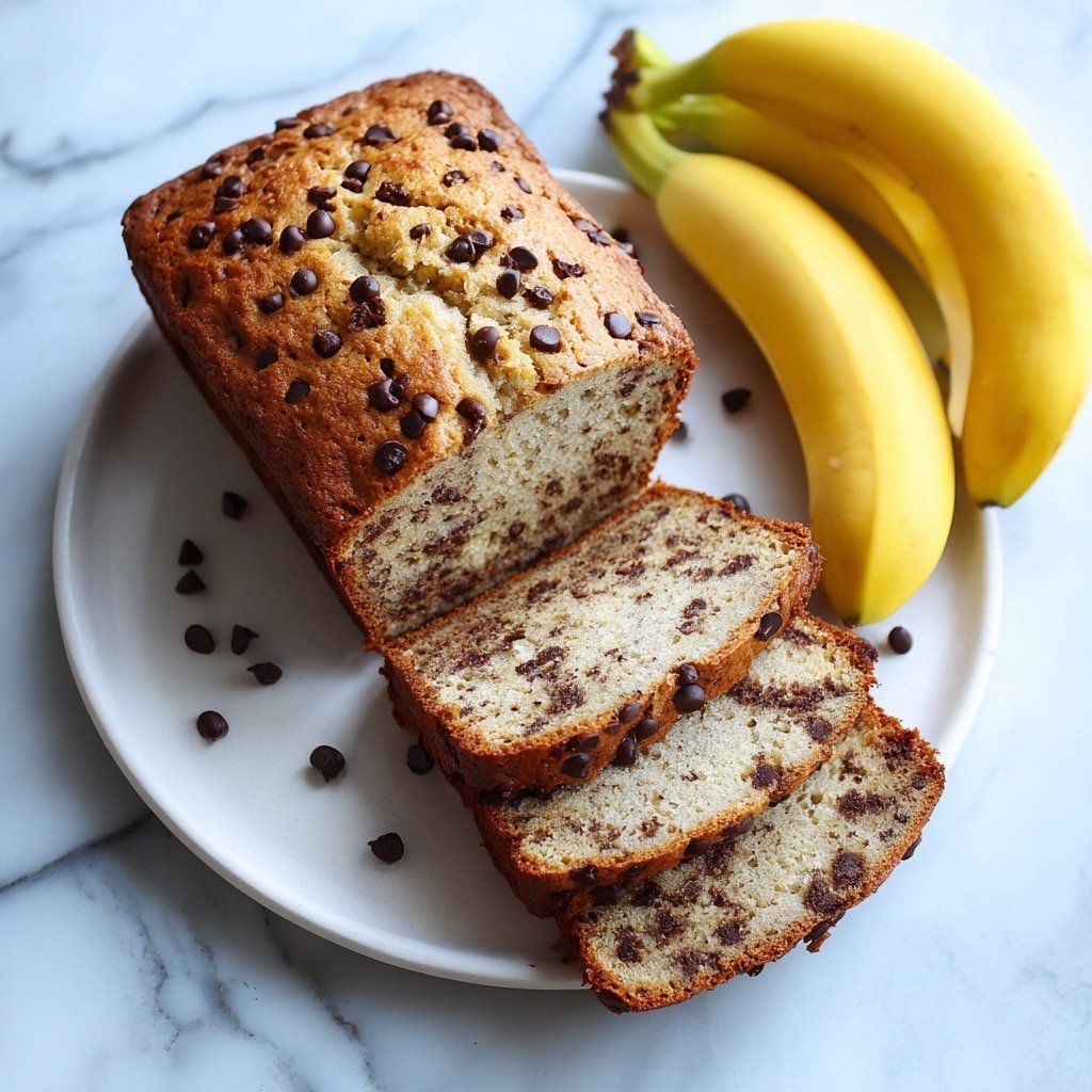 A golden-brown rectangular loaf cake sits centered on a white plate with a bright blue rim, the crust looking slightly rough and baked with an even texture. The top is dotted with scattered dark brown chocolate chips spread unevenly across the surface, some slightly sunken into the bread. The sides of the loaf show a consistent golden color with hints of chocolate chips embedded throughout. The background consists of a white marbled textured surface that contrasts softly with the vibrant blue plate and warm tones of the loaf. photo taken with an iphone --ar 1:1 --v 7 — High-Protein Banana Bread, healthy banana bread with protein powder, easy banana bread recipe, moist banana bread, nutritious breakfast bread