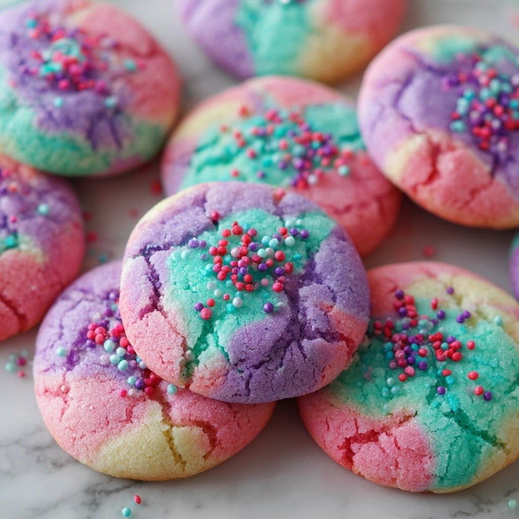 The image shows a close-up view of several round cookies with a swirled, tie-dye pattern in pastel colors including pink, purple, blue, and light green. Each cookie is topped with small, colorful sprinkles in shades of red, pink, purple, and teal, scattered unevenly across the surface. The cookies have a soft, slightly textured look with visible cracks and a fluffy appearance. They are placed closely together on a white marbled surface, filling the frame with their vibrant, multicolored layers. photo taken with an iphone --ar 1:1 --v 7 — Unicorn Sugar Cookies, vibrant sugar cookies recipe, homemade unicorn cookies, easy sugar cookies with sprinkles, festive unicorn cookie ideas