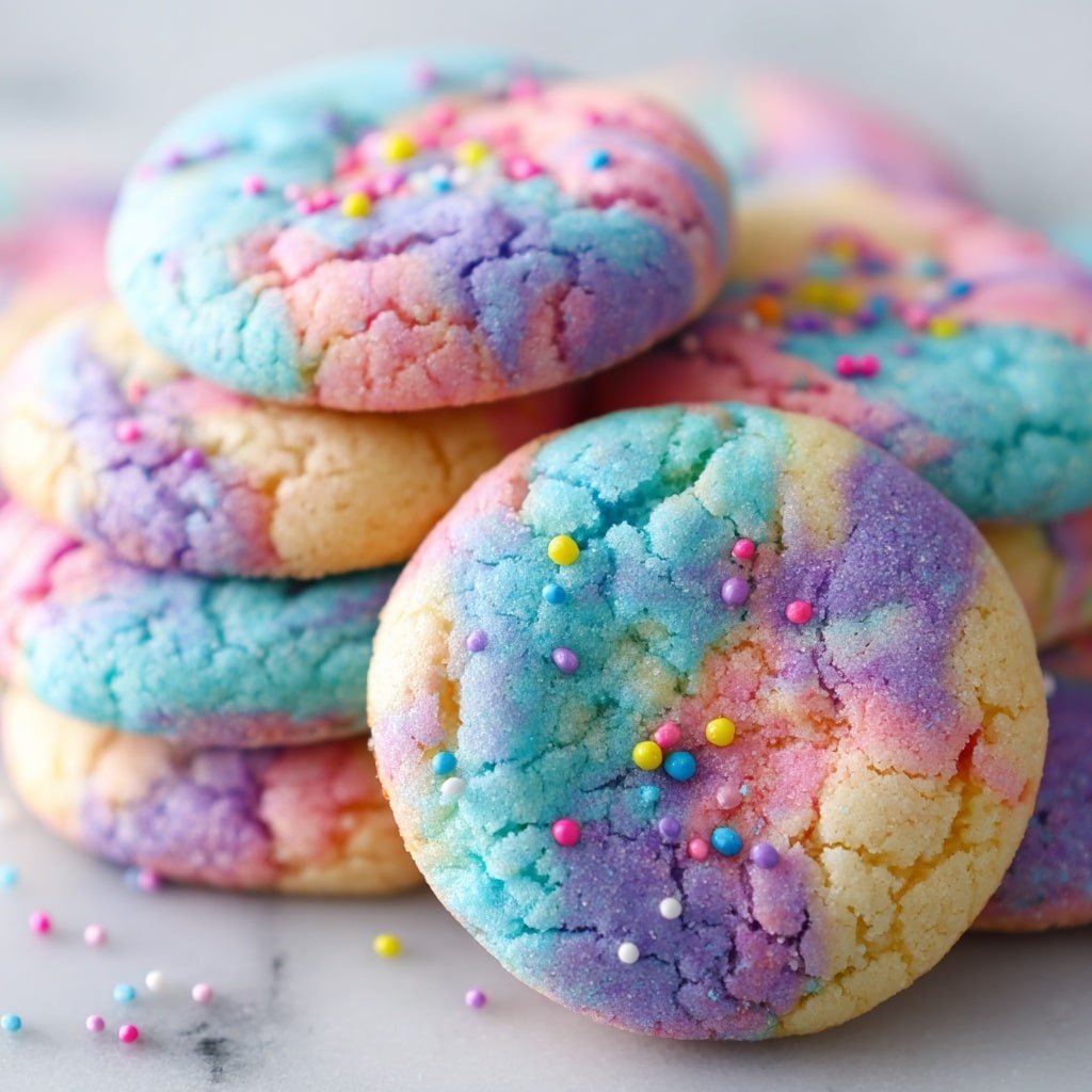 The image shows a stack of round cookies with a soft, crinkled texture, each cookie covered in swirls of bright pastel colors including pink, purple, blue, and a touch of yellow. These colorful layers blend smoothly across the cookie surface, giving a marbled effect. Small, round, multicolored sprinkles are scattered on top of the cookies, adding tiny dots of red, green, purple, orange, and white. The cookies are closely placed together on a white marbled surface with part of a white ceramic dish visible in the background. The colors are vibrant and the cookies appear soft and fresh. Photo taken with an iphone --ar 1:1 --v 7 — Unicorn Sugar Cookies, vibrant sugar cookies recipe, homemade unicorn cookies, easy sugar cookies with sprinkles, festive unicorn cookie ideas