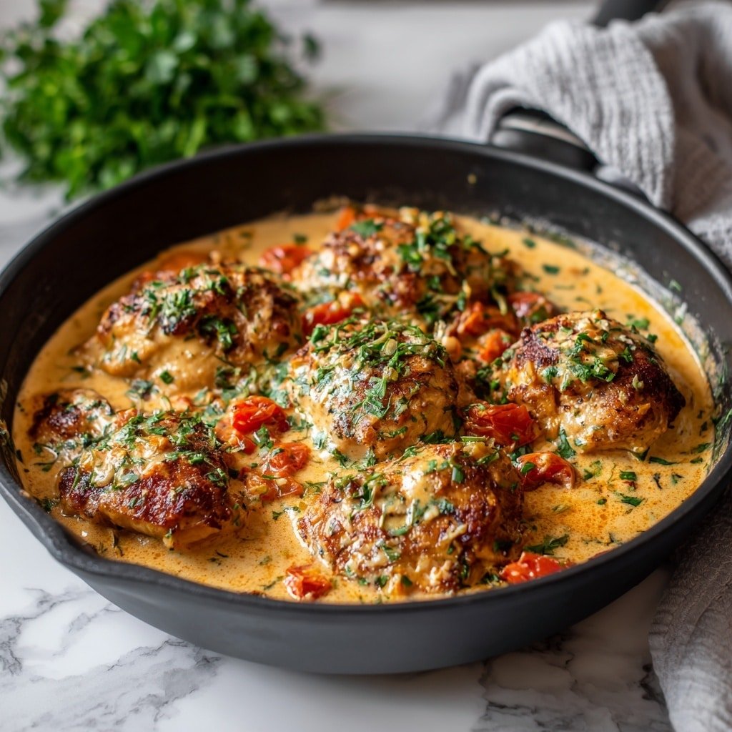 This image shows a black pan filled with a creamy dish made of five chicken pieces partly covered in a light orange sauce with small chunks of red tomatoes and green herb bits scattered on top. The chicken has a browned, slightly crispy texture, and the sauce looks smooth with some visible herbs and bits of cooked garlic or onion floating in it. The dish is placed on a white marbled surface with a gray cloth and some fresh green herbs blurred in the background. photo taken with an iphone --ar 1:1 --v 7 — Creamy Coconut Chicken Skillet, Coconut Chicken Dinner, Easy Coconut Chicken Recipe, One-Pan Chicken with Coconut Milk, Weeknight Chicken Skillet