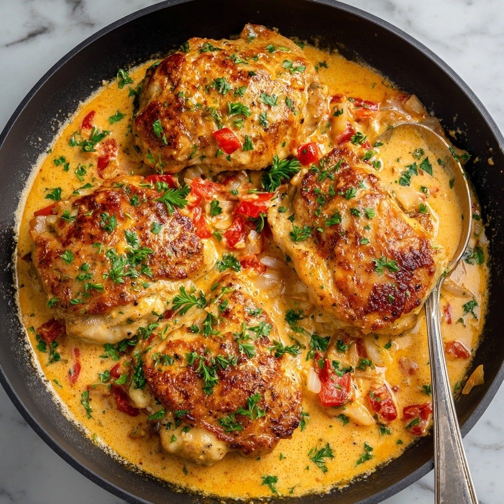 The image shows a close-up of a black pan filled with four golden-brown cooked chicken pieces, partially covered by a creamy orange sauce with small chunks of red tomatoes and translucent onions. The sauce is thick and glossy, spreading evenly around the chicken and filling the pan. Sprigs of fresh green cilantro are scattered on top, adding a fresh color contrast. The chicken has slightly charred, crispy edges, and the sauce looks rich with tiny bits of herbs and vegetables floating in it. photo taken with an iphone --ar 1:1 --v 7 — Creamy Coconut Chicken Skillet, Coconut Chicken Dinner, Easy Coconut Chicken Recipe, One-Pan Chicken with Coconut Milk, Weeknight Chicken Skillet