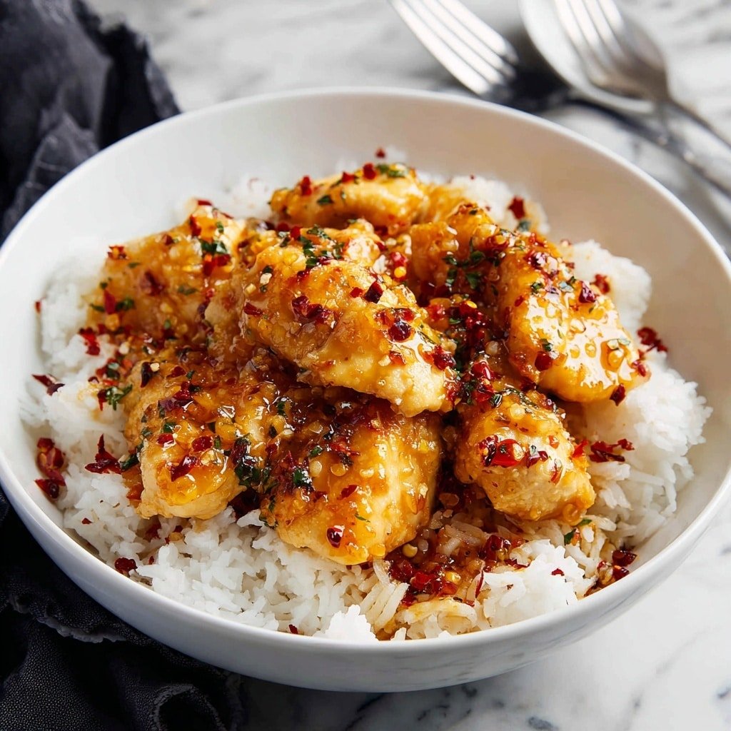 The image shows a close-up of a dish with two layers: a bottom layer of fluffy white rice with visible individual grains, and a top layer of golden brown chicken pieces coated in a shiny, sticky sauce. The sauce is amber-colored with scattered red chili flakes and small green herb pieces, adding texture and color contrast. The chicken looks crispy on the edges and moist in the center. The dish is set on a white plate against a white marbled surface. Photo taken with an iphone --ar 1:1 --v 7 — Sticky Honey Garlic Chicken Thighs, honey garlic chicken recipe, easy chicken dinner, juicy chicken thighs with honey garlic, flavorful chicken thigh recipe