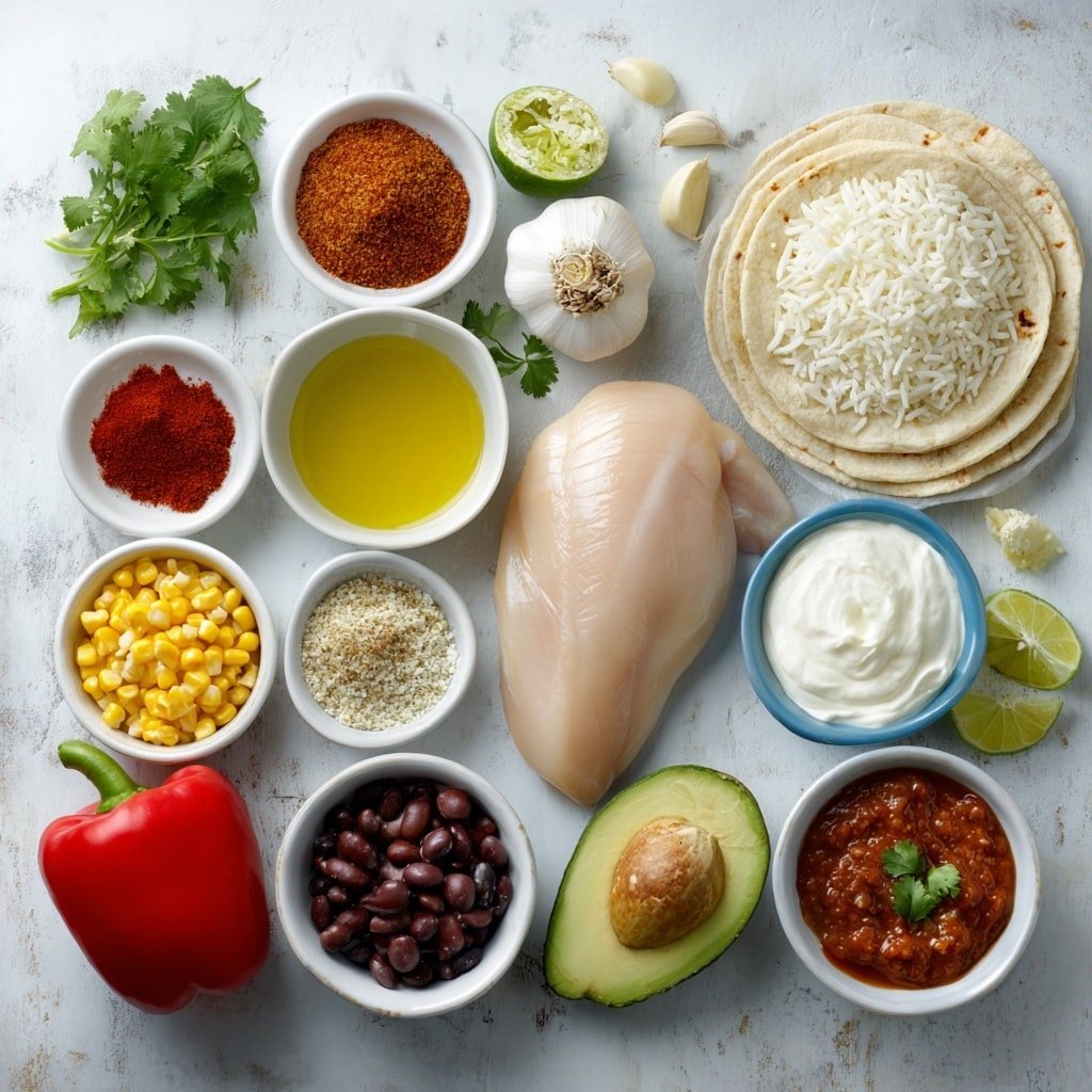 Flat lay of a boneless, skinless chicken breast, a small white bowl of fresh lime juice, a small white bowl of chili powder, a small white bowl of onion powder, a small white bowl of garlic powder, a small white bowl of smoked paprika, a small white bowl of salt, a small white bowl of olive oil, a small white bowl with chipotle peppers in adobo sauce, four large plain tortillas, a small white bowl of uncooked rice, a whole small red bell pepper, a whole jalapeño pepper, half a red onion sliced, three whole garlic cloves peeled, a small white bowl of olive oil, a small white bowl of fresh corn kernels, a small white bowl of black beans, a small white bowl of crumbled cotija cheese, a small white bowl of sour cream, a small white bowl of honey, a small white bowl with chipotle peppers in adobo, a small white bowl of lime juice, a small bunch of fresh cilantro leaves chopped, a small white bowl of water, a small white bowl of salt placed on a clean white marble surface, soft natural light, photo taken with an iPhone, professional food photography style, fresh ingredients, white ceramic bowls, no bottles, no duplicates, no utensils, no packaging --ar 1:1 --v 7 --p m7354639359234015250 — Spicy Southwest Chicken Wrap, Southwest chicken wrap, spicy chicken wrap recipe, easy chicken wrap, flavorful chicken wrap