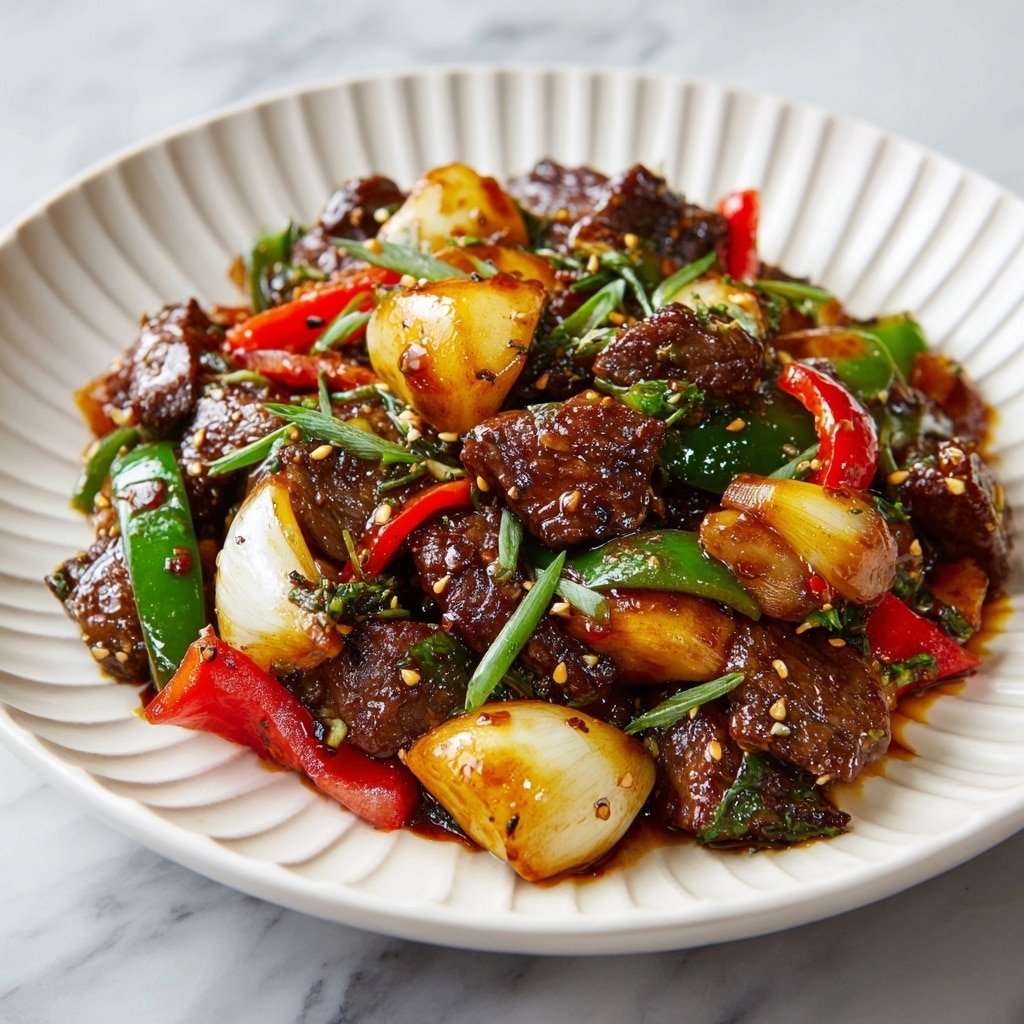 The dish is a colorful stir-fry served on a white plate with ridged edges. It has a mix of thick chunks of dark brown meat coated in a glistening sauce, layered with large, soft white onion pieces that are slightly translucent. Bright red bell pepper slices and fresh green chili pieces are scattered throughout, adding vivid splashes of color. The whole dish glistens with sauce, and there are small green herbs and seeds sprinkled on top, giving extra texture. The plate sits on a white marbled surface. photo taken with an iphone --ar 1:1 --v 7 — Pepper Steak Stir-Fry with Bell Peppers, Pepper Steak Stir-Fry recipe, quick beef stir-fry with peppers, healthy Asian stir-fry dinner, easy beef stir-fry with vegetables