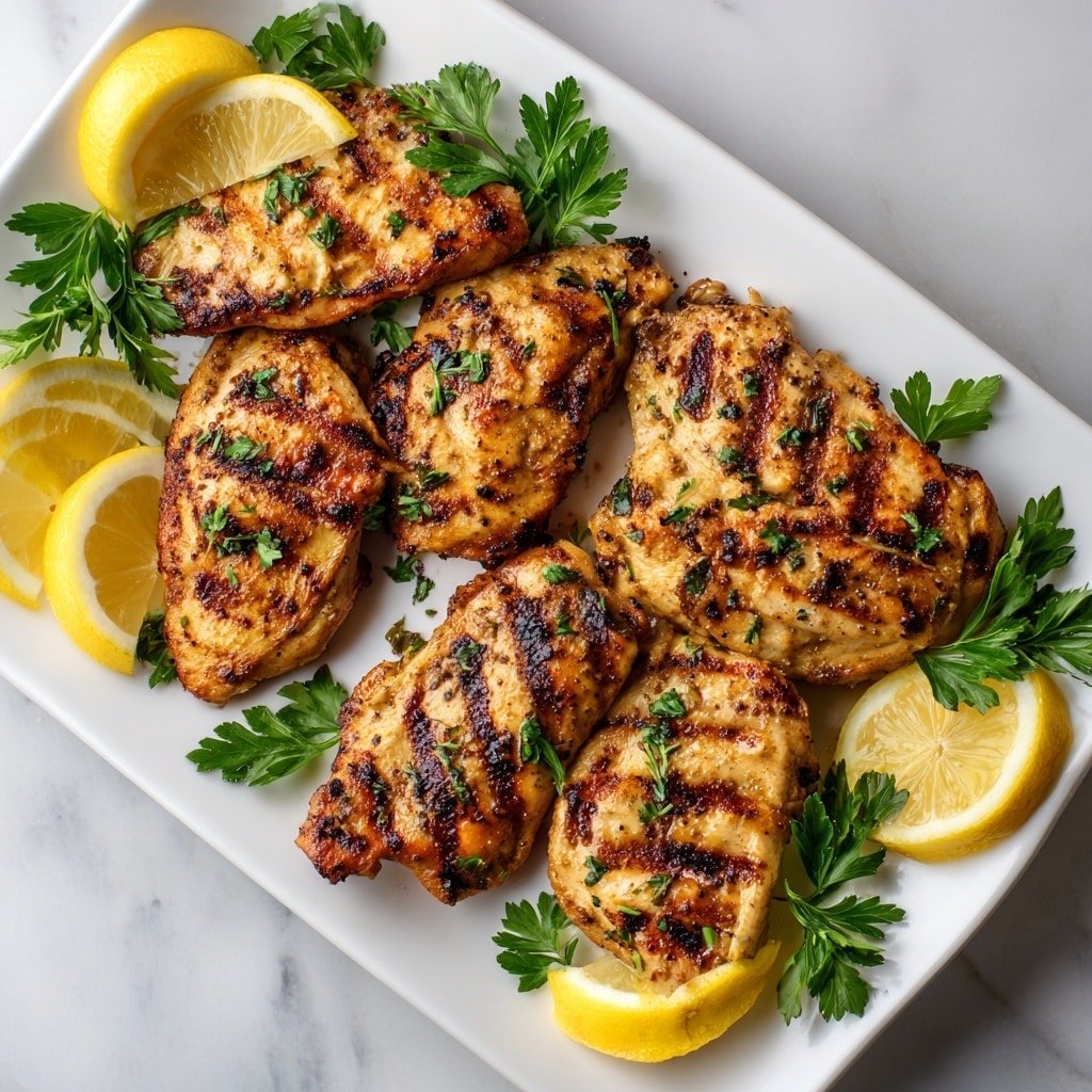 The image shows a white oval plate with six grilled chicken fillets arranged closely together. The chicken has a golden-brown color with visible grill marks and a slightly crispy texture. Around and beneath the chicken, there are lemon wedges and fresh green parsley leaves adding bright yellow and green contrast. Beside the plate, on a white marbled surface, are two whole bright yellow lemons. The overall setting is clean and simple, with the food being the main focus. photo taken with an iphone --ar 1:1 --v 7 — Greek Yogurt Marinated Chicken, Greek yogurt chicken marinade, tender Greek yogurt chicken, healthy Greek yogurt chicken recipe, flavorful chicken with yogurt