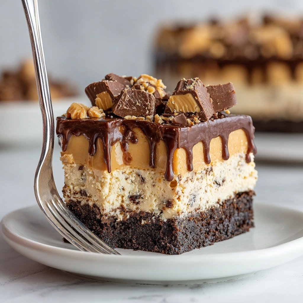 A three-layer round cake sits on a clear glass cake stand against a white marbled background. The bottom layer is dark brown, dense chocolate cake. The middle layer is a thick, smooth, light brown peanut butter filling. The top layer is a glossy dark chocolate ganache that drips gently over the edges. The top is fully covered with many small chunks of chocolate peanut butter cups, adding a textured, crunchy look. In the background, there is a white plate stack with wooden forks and a wooden board with more peanut butter cup pieces. The photo taken with an iphone --ar 1:1 --v 7 — Reese’s Peanut Butter Cheesecake with Brownie Crust, peanut butter cheesecake recipes, chocolate peanut butter desserts, homemade cheesecake with brownie crust, decadent dessert recipes