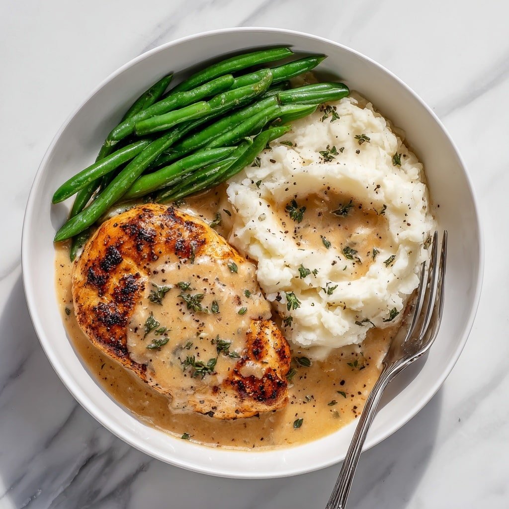 A white bowl sits on a white marbled surface, filled with a meal composed of three main parts. On the left side, there is a piece of browned meat covered with thick, light brown gravy with small green herb bits sprinkled on top. Next to it, on the right, is a thick mound of creamy mashed potatoes with a pool of the same light brown gravy in the center, sprinkled with black pepper. At the top right, fresh, bright green whole beans lay neatly, their texture smooth and shiny. A silver fork rests on the right edge of the bowl, touching the mashed potatoes. Photo taken with an iphone --ar 1:1 --v 7 — Creamy Garlic Chicken, Creamy Garlic Chicken Recipe, Easy Creamy Chicken Dinner, Comforting Chicken Recipes, Garlic Chicken with Cream Sauce