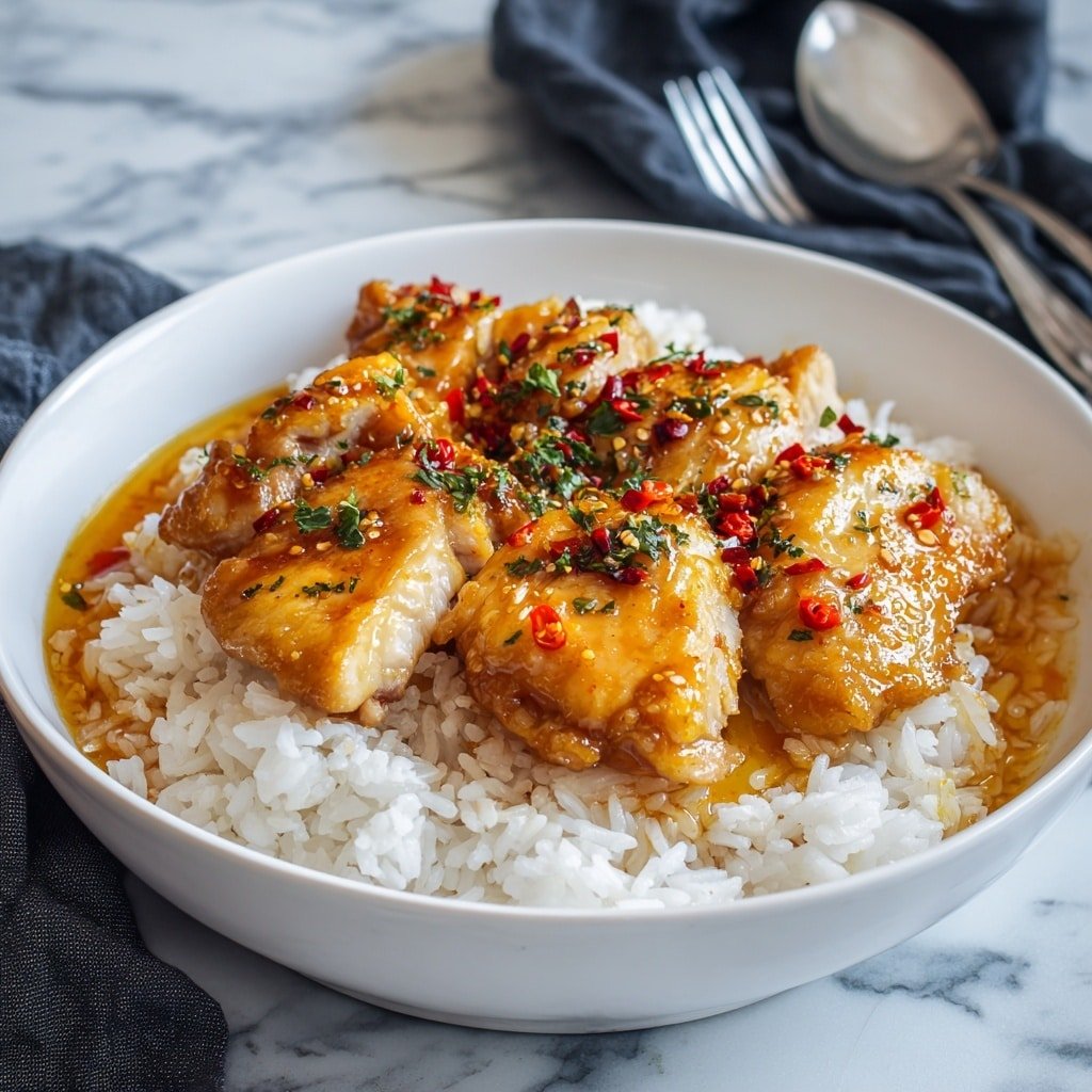 The image shows six golden brown chicken pieces in a black pan, each piece covered in a sticky glaze and sprinkled with green herbs and red chili flakes. A spoon drizzles more glossy sauce onto the front chicken piece, making the surface shiny and wet. The chicken pieces have a slightly bumpy and crisp texture on top with darker browned spots, surrounded by a thin layer of oily sauce at the bottom of the pan. photo taken with an iphone --ar 1:1 --v 7 — Sticky Honey Garlic Chicken Thighs, honey garlic chicken recipe, easy chicken dinner, juicy chicken thighs with honey garlic, flavorful chicken thigh recipe